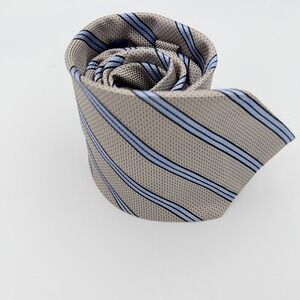 Henry Jacobson Mens Silk Tie Tan Blue Striped Basketweave Professional Business